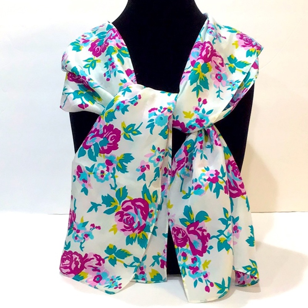 Pink & Red Roses white background long floral scarf